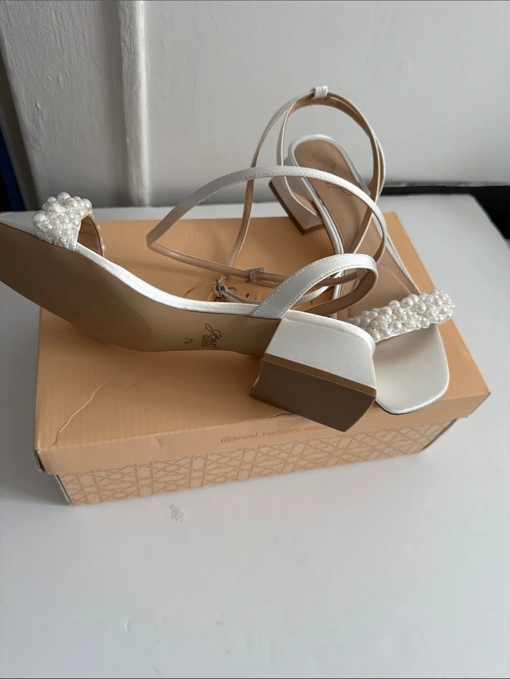 Jewel Badgley Mischka White Pearl Ankle-Strap Sandal